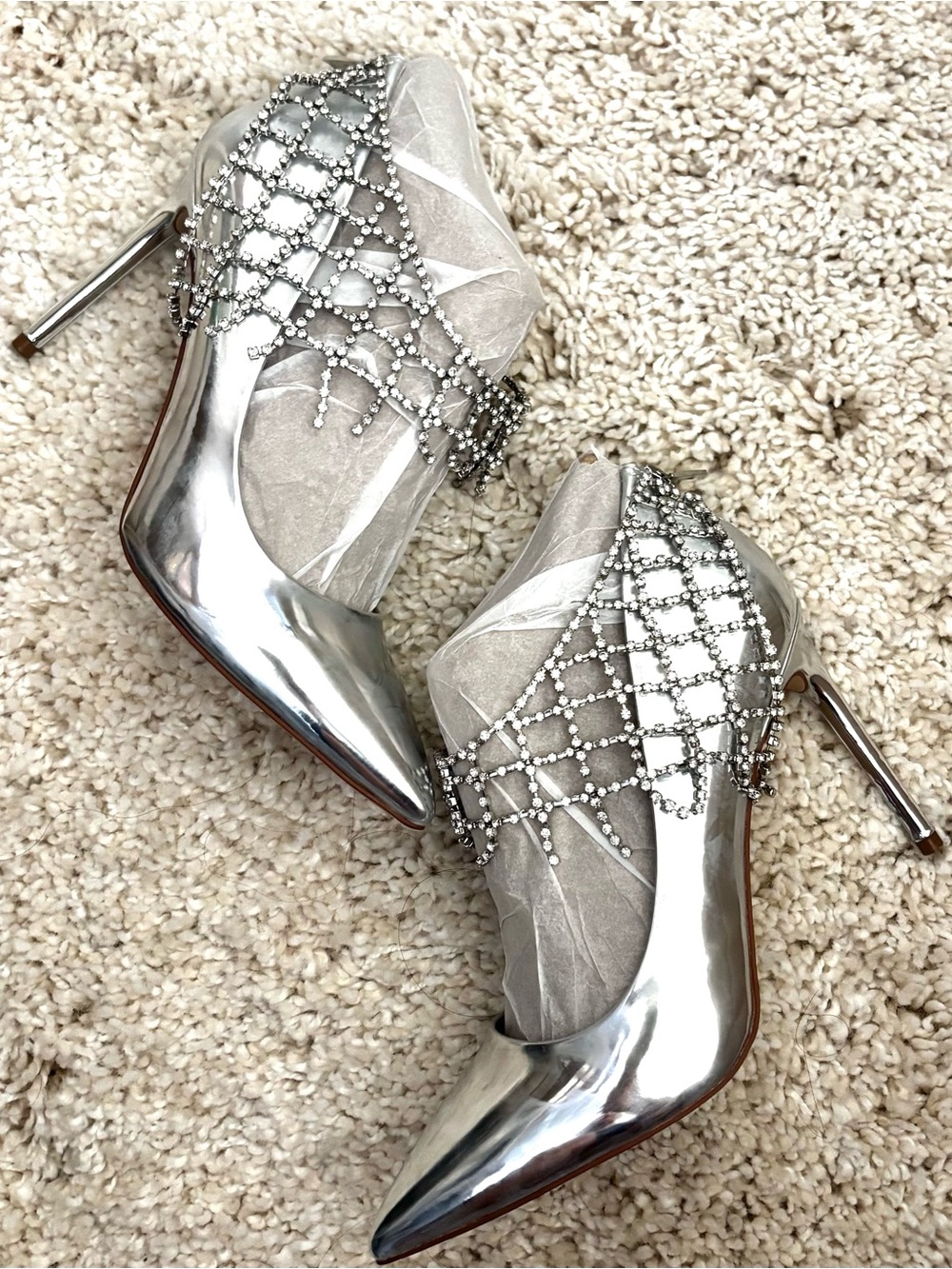 Silver Crystal-Embellished Pointed Toe High Heels